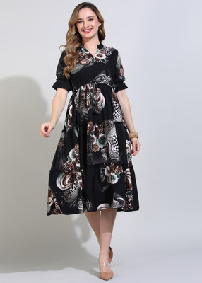 JustHer Women Fit and Flare Black, Light Green Midi/Calf Length Dress