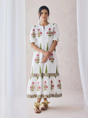 FIORRA Women Fit and Flare White Midi/Calf Length Dress
