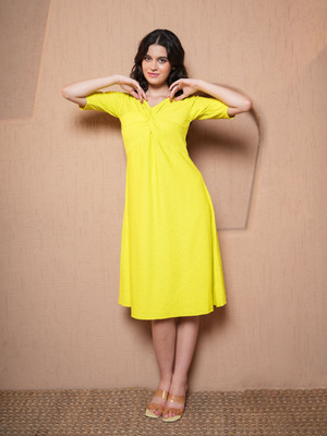MILOST Women A-line Yellow Midi/Calf Length Dress