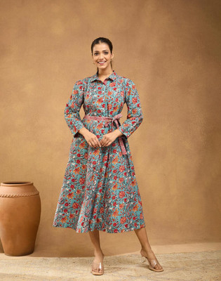 Fabindia Women Shirt Light Blue Midi/Calf Length Dress