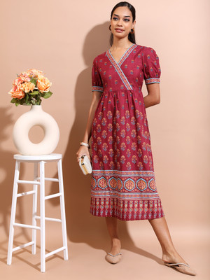 VISHUDH NEW Women Blouson Maroon Midi/Calf Length Dress
