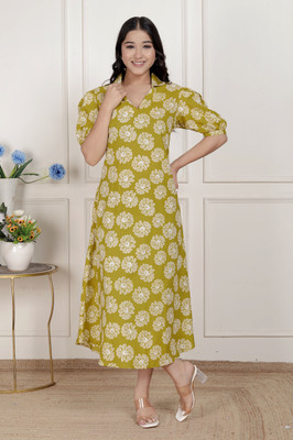 ANGIYA Women A-line Green Midi/Calf Length Dress
