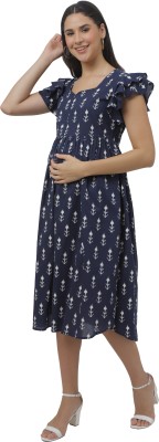 Shipoo 4u Women Gathered Dark Blue, White Dress