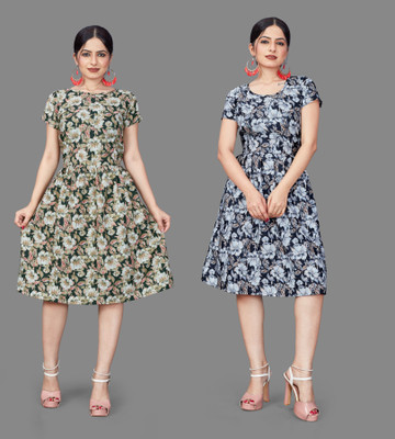 Khushi Fab Women Fit and Flare Multicolor Below Knee Dress