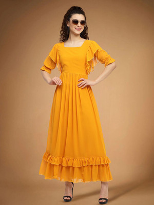 Moda Rapido Women Fit and Flare Orange Knee Length Dress