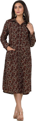 Crazy Needle Women Shirt Brown Midi/Calf Length Dress