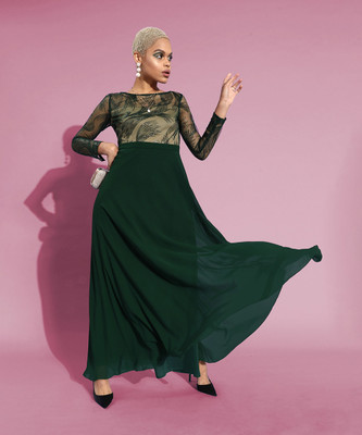 Dressberry Women Fit and Flare Green Maxi/Full Length Dress