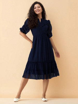AASK Women Fit and Flare Dark Blue Midi/Calf Length Dress