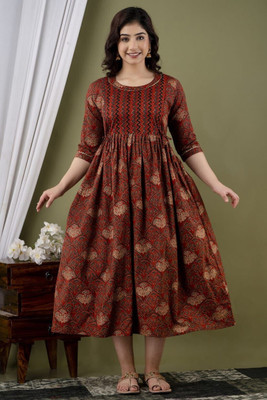 ANUOM Women Maxi Multicolor Midi/Calf Length Dress