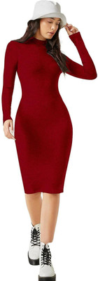 DESIGN PLUS FASHION Women Bodycon Maroon Above Knee/Mid Thigh Length Dress
