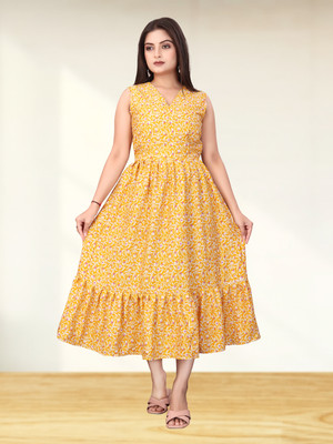 HIT FASHION HUB Women Fit and Flare Yellow Midi/Calf Length Dress