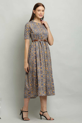 Shyammc Women Fit and Flare Multicolor Midi/Calf Length Dress