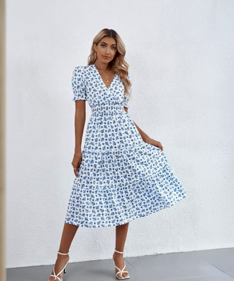 KOTTY Women Fit and Flare White, Dark Blue Midi/Calf Length Dress