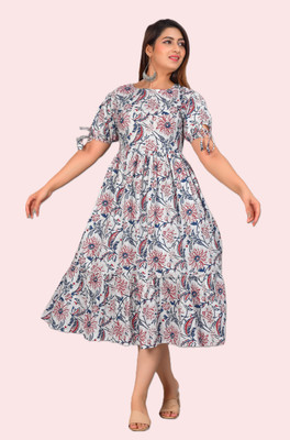 HouseOfCommon Women Fit and Flare White Midi/Calf Length Dress