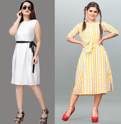 Hiral Creation Women Fit and Flare White Below Knee Dress