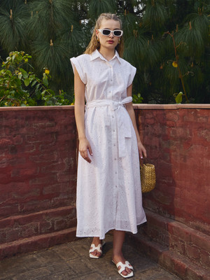 SASSAFRAS Women A-line White Midi/Calf Length Dress