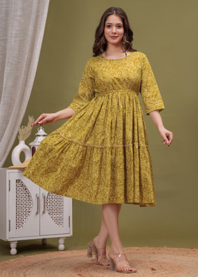 JXM Women Printed Flared Kurta(Yellow)