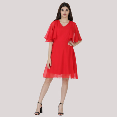 MUZUN Women A-line Red Knee Length Dress