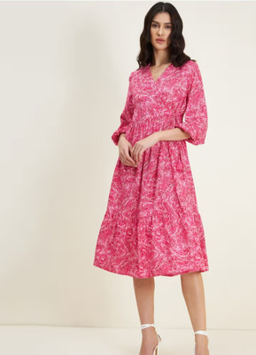 ishaanvi fashion Women A-line Pink, White Midi/Calf Length Dress