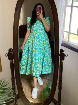 Muskan Fab Women Tiered Green Midi/Calf Length Dress