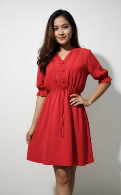 Poshery Reworked Women Fit and Flare Red Knee Length Dress