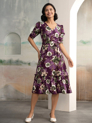 AASK Women Fit and Flare Purple Midi/Calf Length Dress