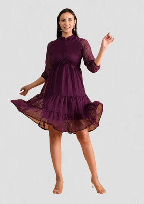 METRONAUT Women Fit and Flare Maroon Knee Length Dress