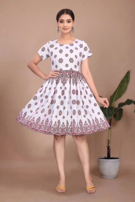HouseOfCommon Women Fit and Flare White Midi/Calf Length Dress