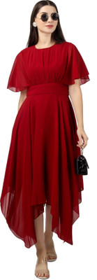 Midnoon Women Asymmetric Maroon Maxi/Full Length Dress