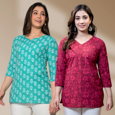 I N ENTERPRISES Women Floral Print Straight Kurta(Green, Red)