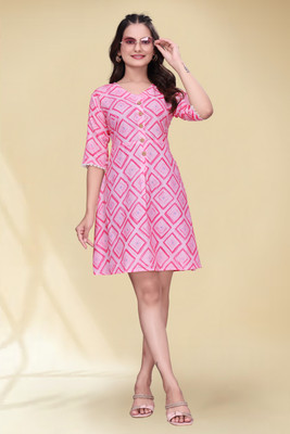 GogdaniFashion Women Fit and Flare Pink Knee Length Dress