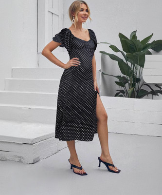 EyeBogler Women A-line Black, White Midi/Calf Length Dress