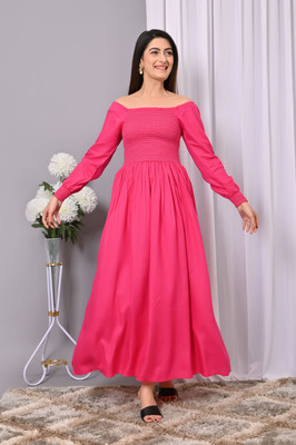 VYMO Women Fit and Flare Pink Maxi/Full Length Dress