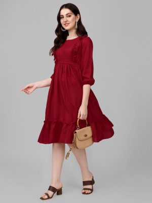 vdesigner Women Fit and Flare Maroon Dress