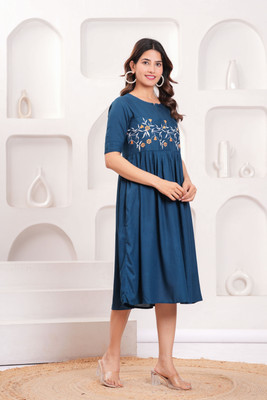 SORTHIYA GROUP Women Fit and Flare Dark Blue Below Knee Dress