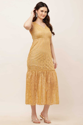Stylespot Women Fit and Flare Gold Knee Length Dress