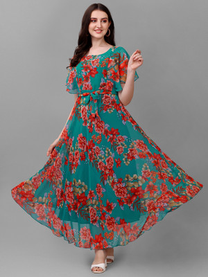 HK SHOPEE Women Fit and Flare Light Blue Maxi/Full Length Dress