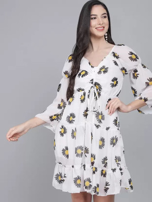KASHVI ENTPRISES Women A-line White, Black, Yellow Above Knee/Mid Thigh Length Dress
