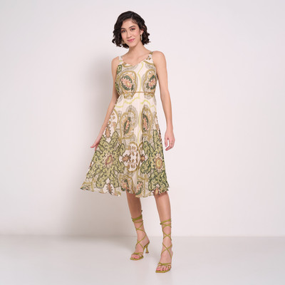 Honey By Pantaloons Women A-line White, Green Midi/Calf Length Dress