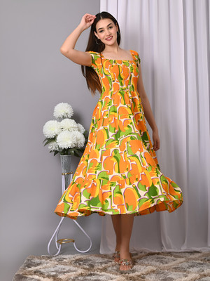 OTABU Women A-line Yellow Midi/Calf Length Dress