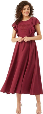 Ladiikway Women A-line Maroon Midi/Calf Length Dress