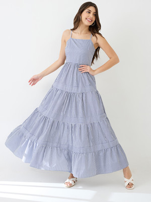 Globus Women Fit and Flare Blue Maxi/Full Length Dress