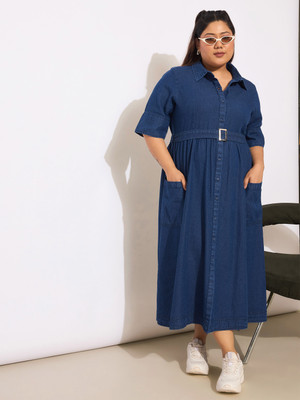 SASSAFRAS Curve Women A-line Dark Blue Midi/Calf Length Dress