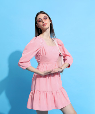 Tokyo Talkies Women Tiered Pink Above Knee/Mid Thigh Length Dress