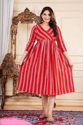 Khejal Women Fit and Flare Red Midi/Calf Length Dress