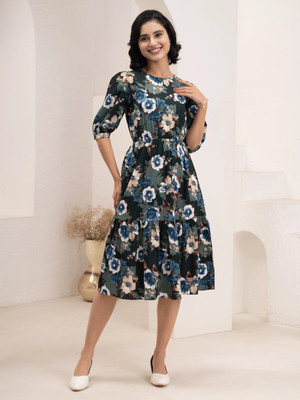 AASK Women Tiered Multicolor Midi/Calf Length Dress