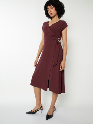 MAX Women Wrap Maroon Midi/Calf Length Dress