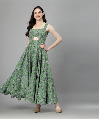 AAYU Women Fit and Flare Green Ankle Length Dress