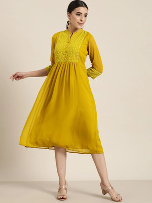 Juniper Women A-line Yellow Midi/Calf Length Dress