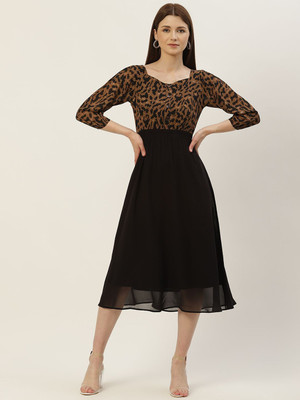 Moda Rapido Women Fit and Flare Black, Brown Midi/Calf Length Dress